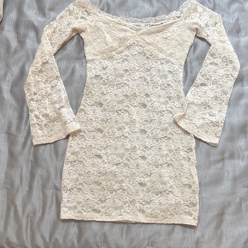 Off-Shoulder Ivory Lace Long-Sleeve Dress